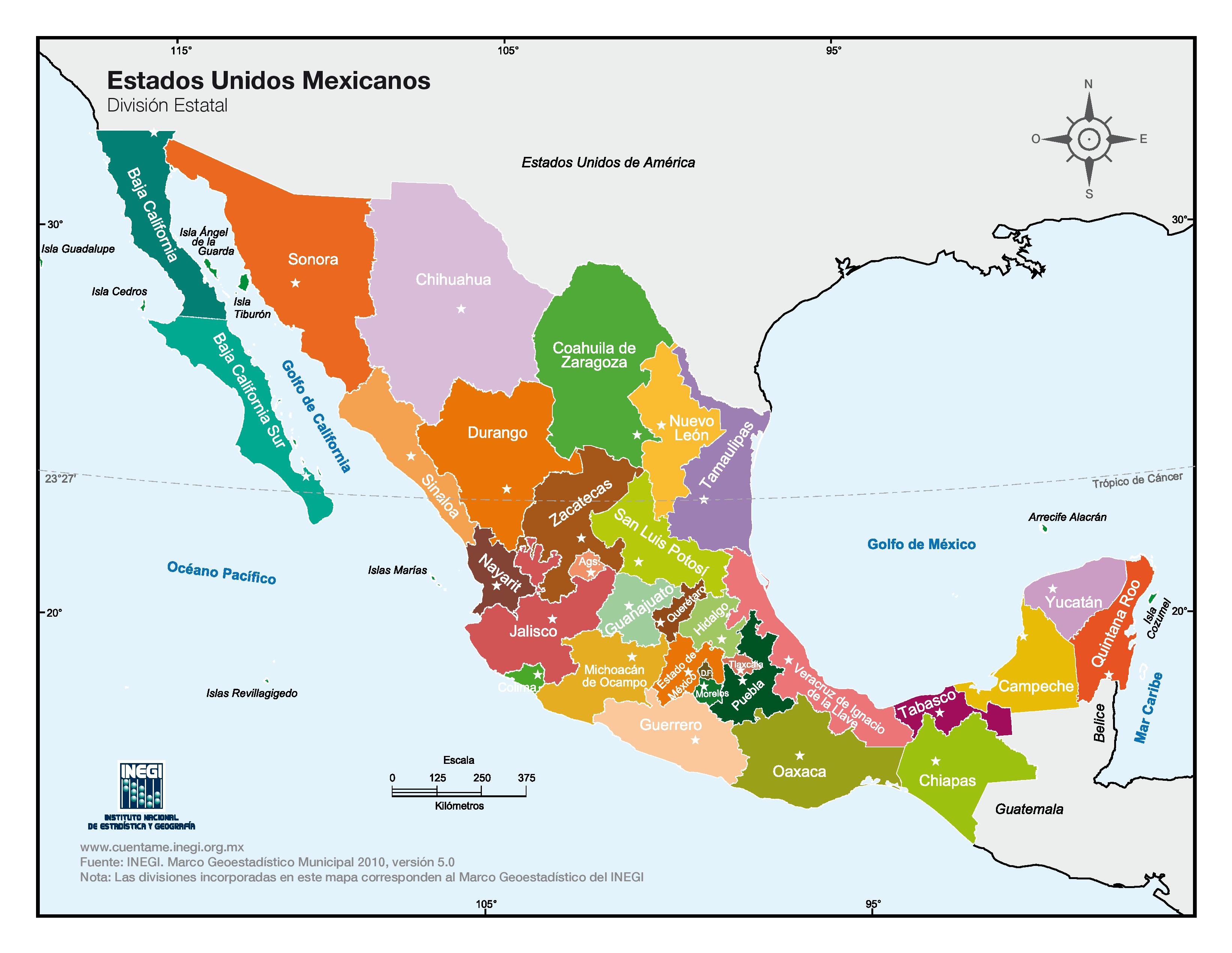 Mapa De La Republica Mexicana Con Division Politica Con Nombres A Color
